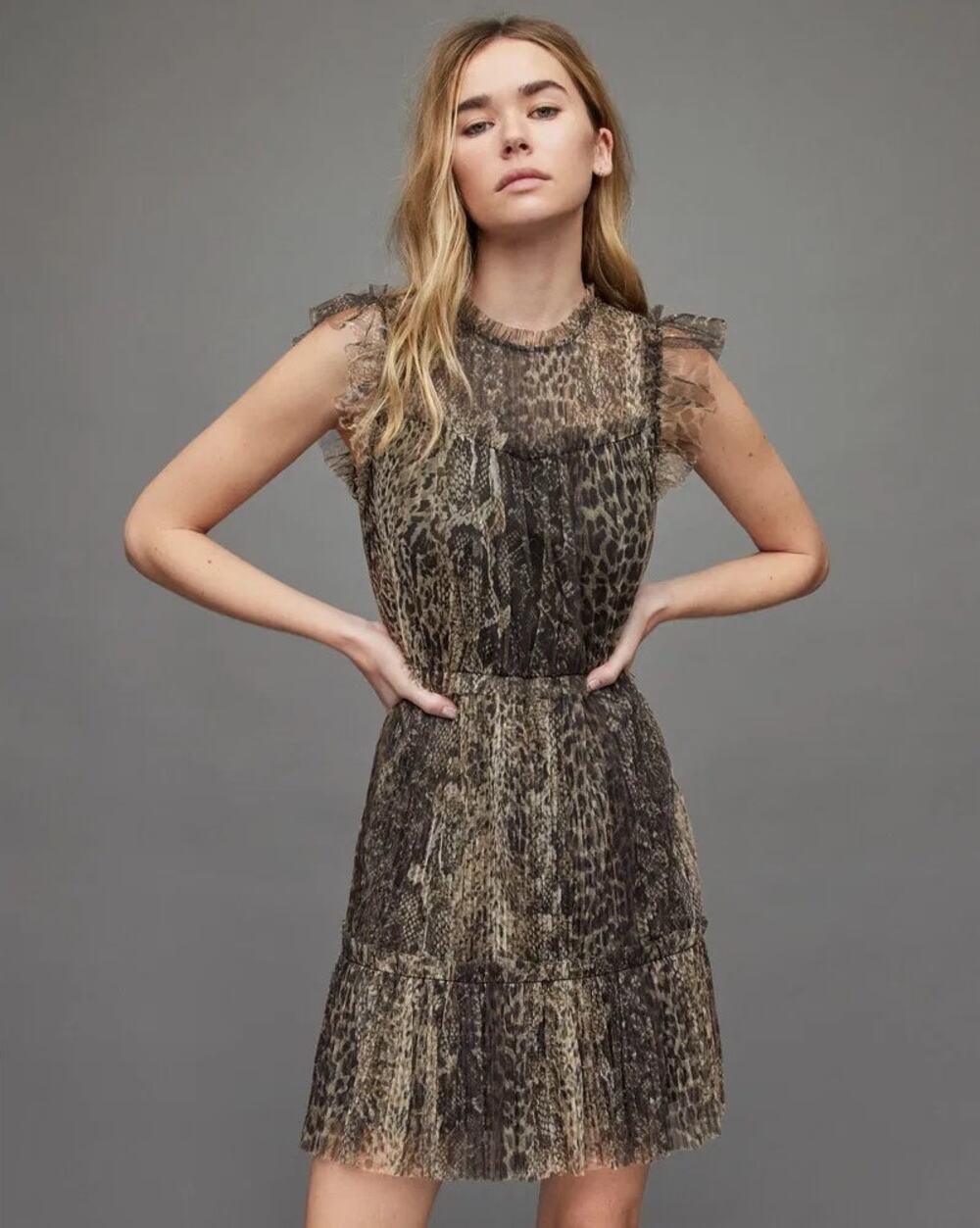 AllSaints Perrinoche Dress Mixed Animal Print Tulle Ruffle Mini NWOT Size 0